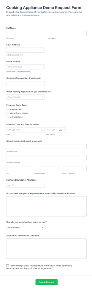 Cooking Appliance Demo Request Form Template