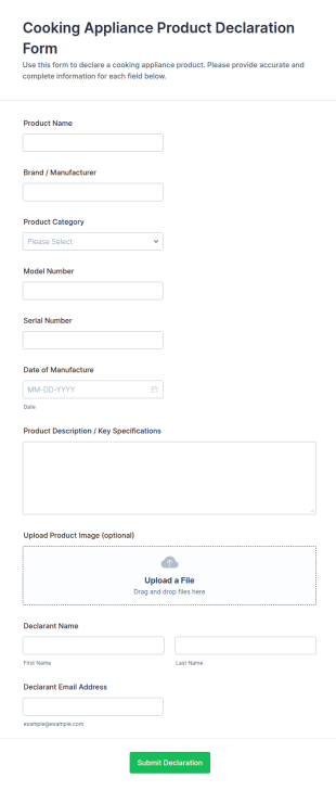 Cooking Appliance Product Declaration Form Template