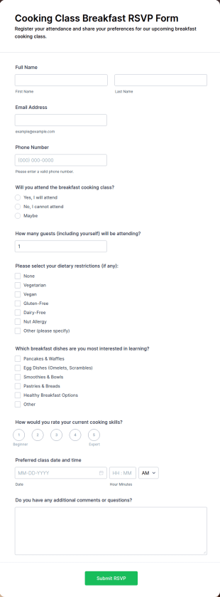 Cooking Class Breakfast RSVP Form Template