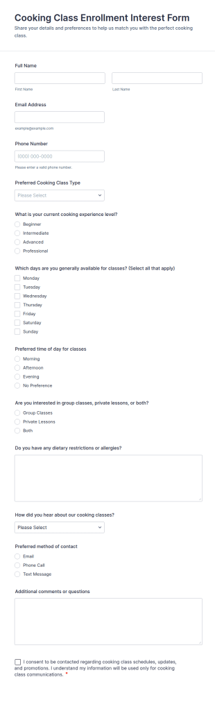 Cooking Class Enrollment Interest Form Template