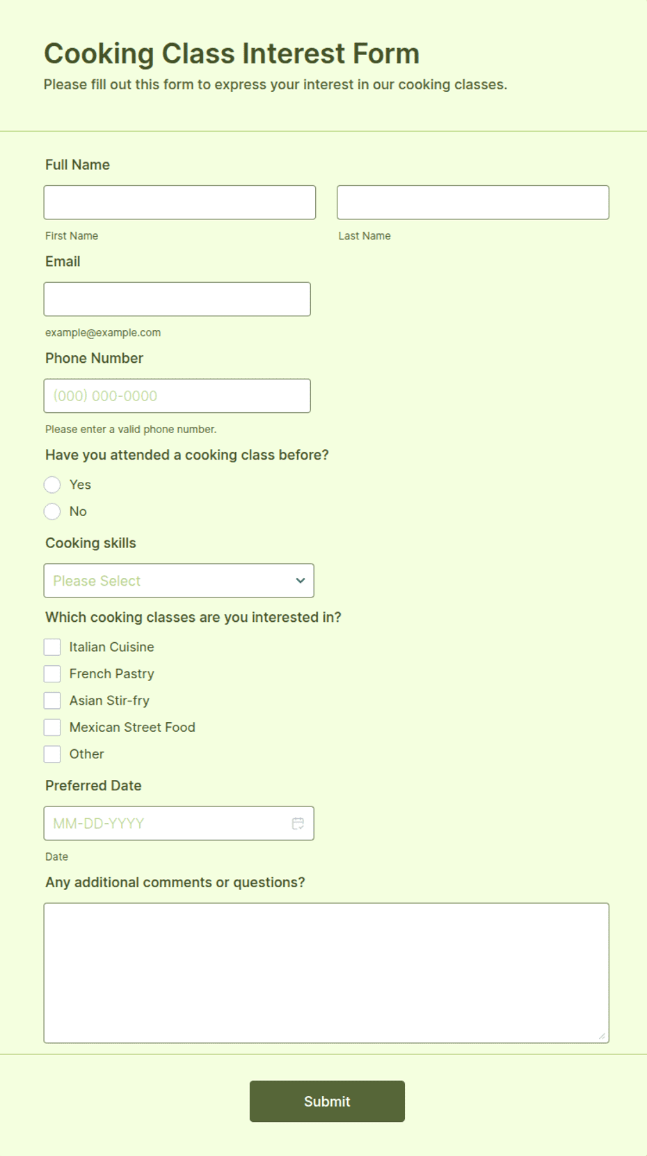 Cook Training Forms Cooking Class Interest Form Template | Jotform