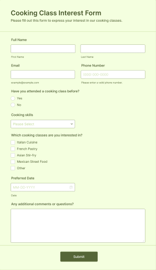 Cooking Class Interest Form Template