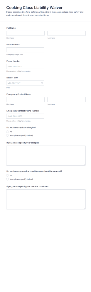 Cooking Class Liability Waiver Form Template