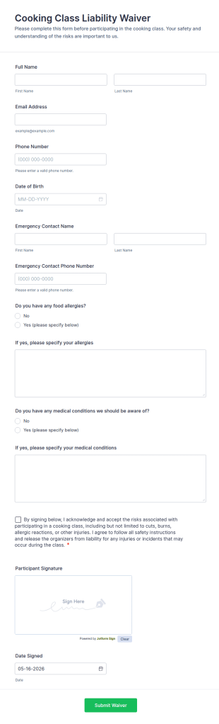 Cooking Class Liability Waiver Form Template