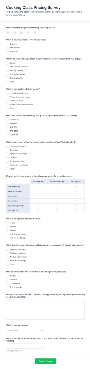 Cooking Class Pricing Survey Form Template