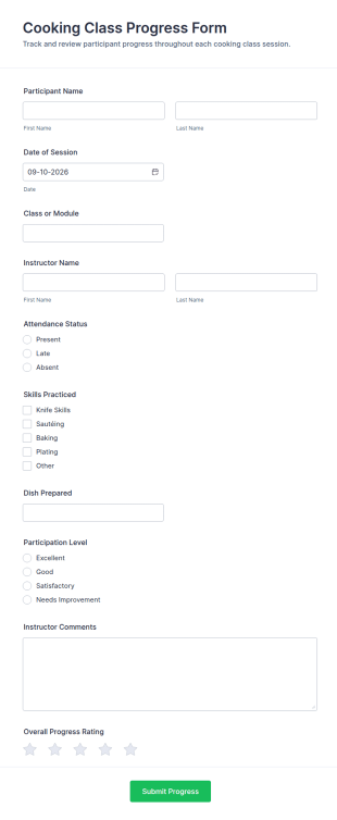Cooking Class Progress Form Template