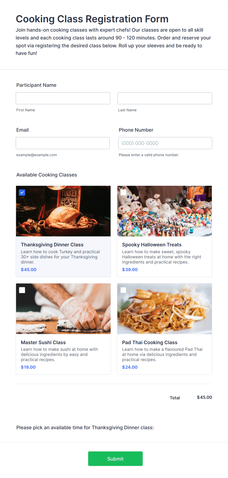 Cooking Class Registration Form Template | Jotform