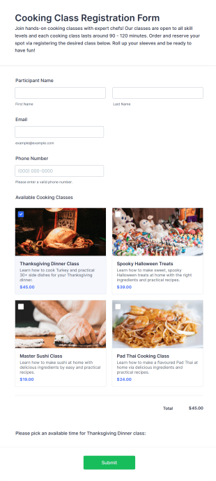 Cooking Class Registration Form Template