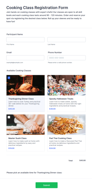 Cooking Class Registration Form Template