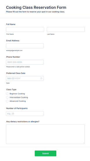Cooking Class Reservation Form Template