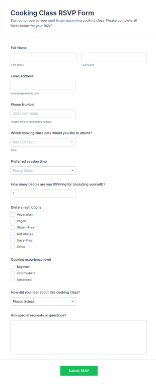 Cooking Class RSVP Form Template