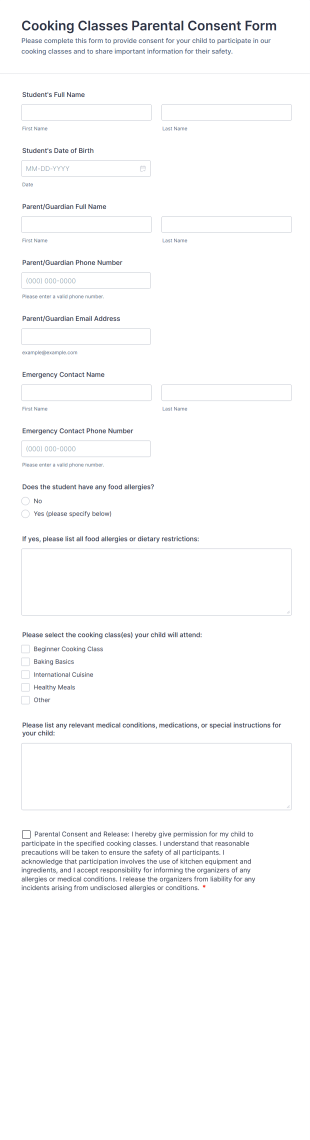 Cooking Classes Parental Consent Form Template