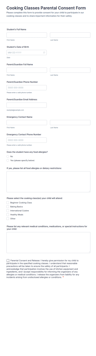 Cooking Classes Parental Consent Form Template