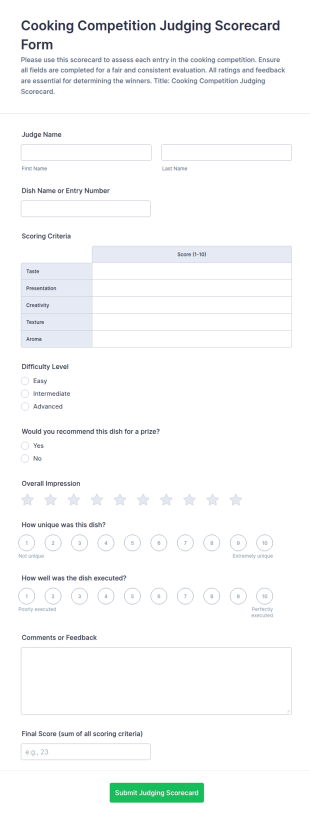 Cooking Competition Judging Scorecard Form Template