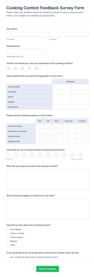 Cooking Contest Feedback Survey Form Template