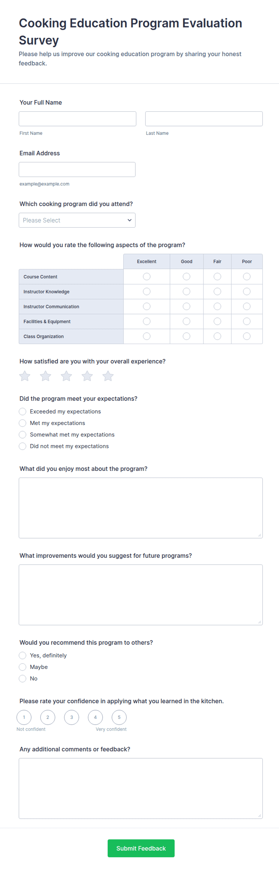 Cooking Education Program Evaluation Survey Form Template | Jotform