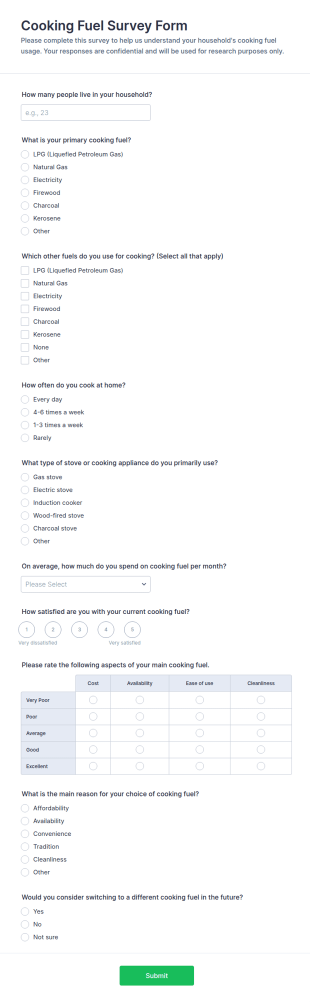 Cooking Fuel Survey Form Template