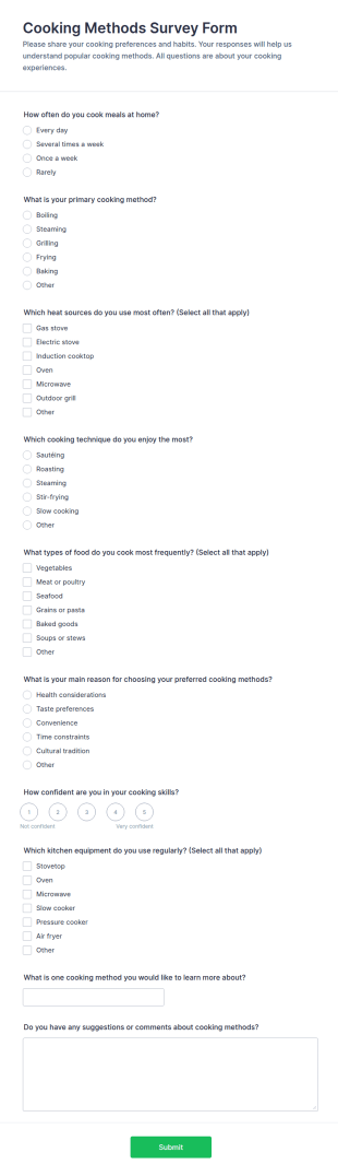 Cooking Methods Survey Form Template