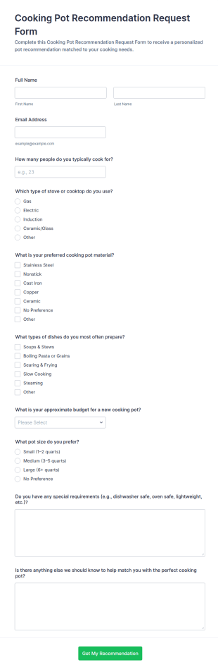 Cooking Pot Recommendation Request Form Template