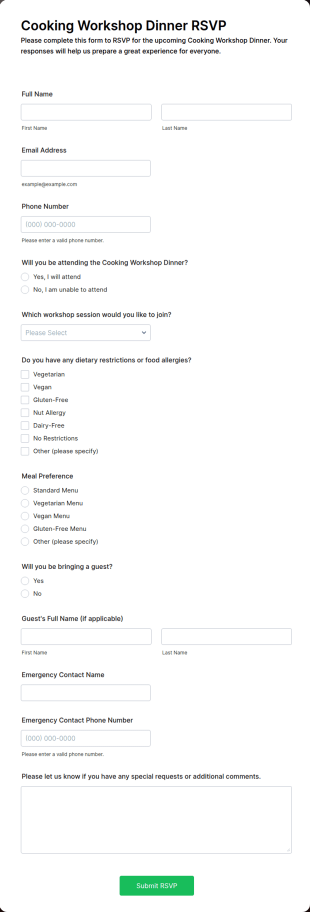Cooking Workshop Dinner RSVP Form Template