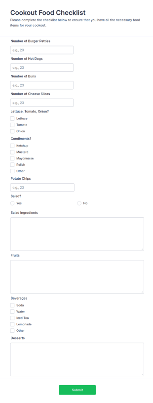 Cookout Food Checklist Form Template