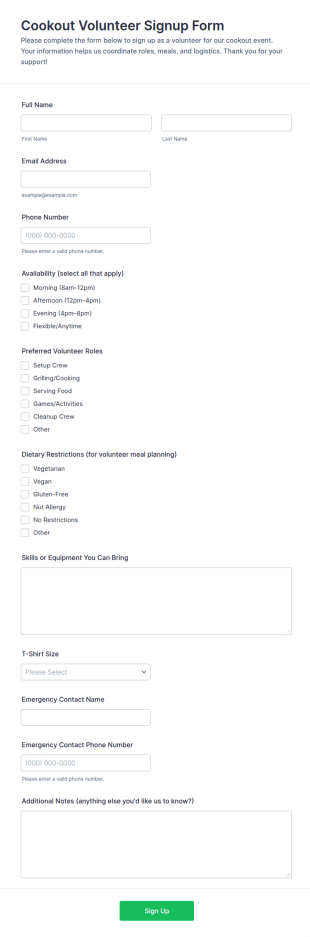 Cookout Volunteer Signup Form Template