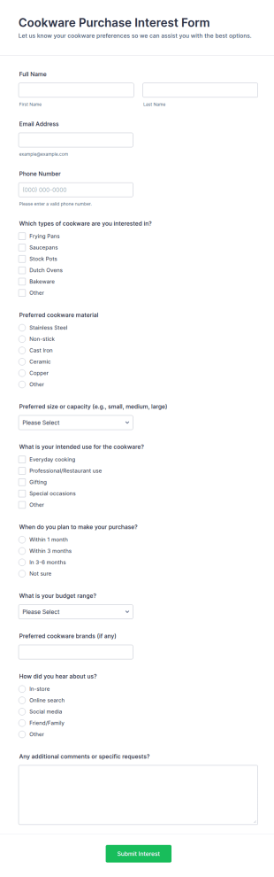 Cookware Purchase Interest Form Template