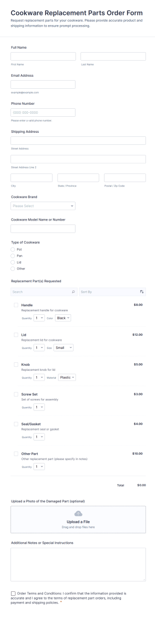 Cookware Replacement Parts Order Form Template