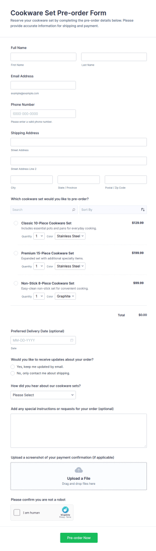 Cookware Set Pre Order Form Template