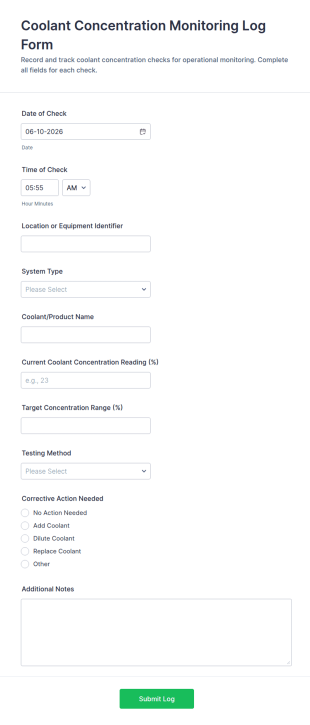 Coolant Concentration Monitoring Log Form Template