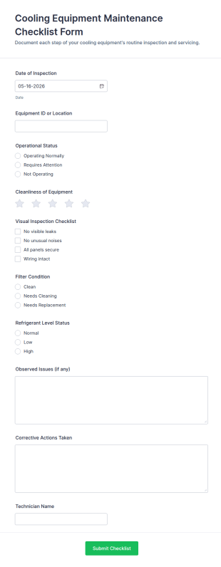Cooling Equipment Maintenance Checklist Form Template