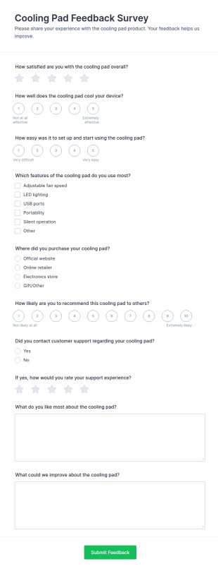 Cooling Pad Feedback Survey Form Template