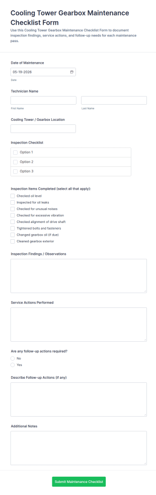 Cooling Tower Gearbox Maintenance Checklist Form Template