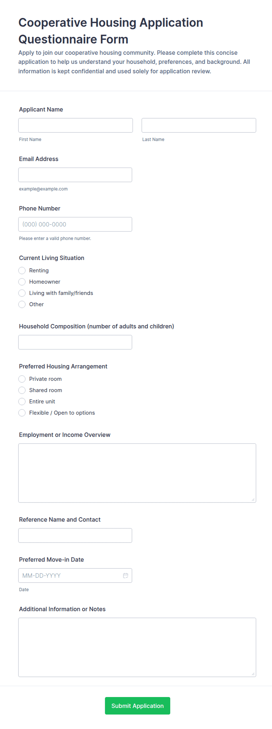 Housing Email Example Cooperative Housing Application Questionnaire Form Template | Jotform