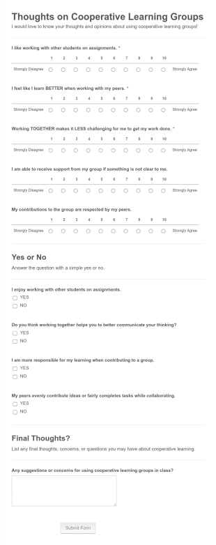Cooperative Learning Survey Form Template
