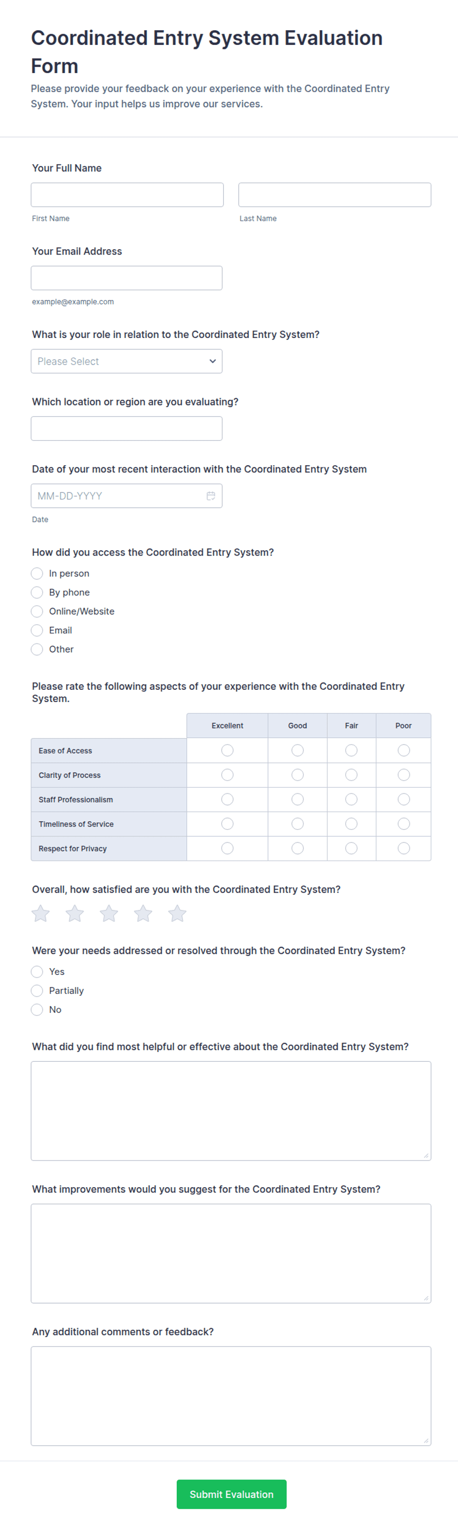 Coordinated Entry System Evaluation Form Template | Jotform