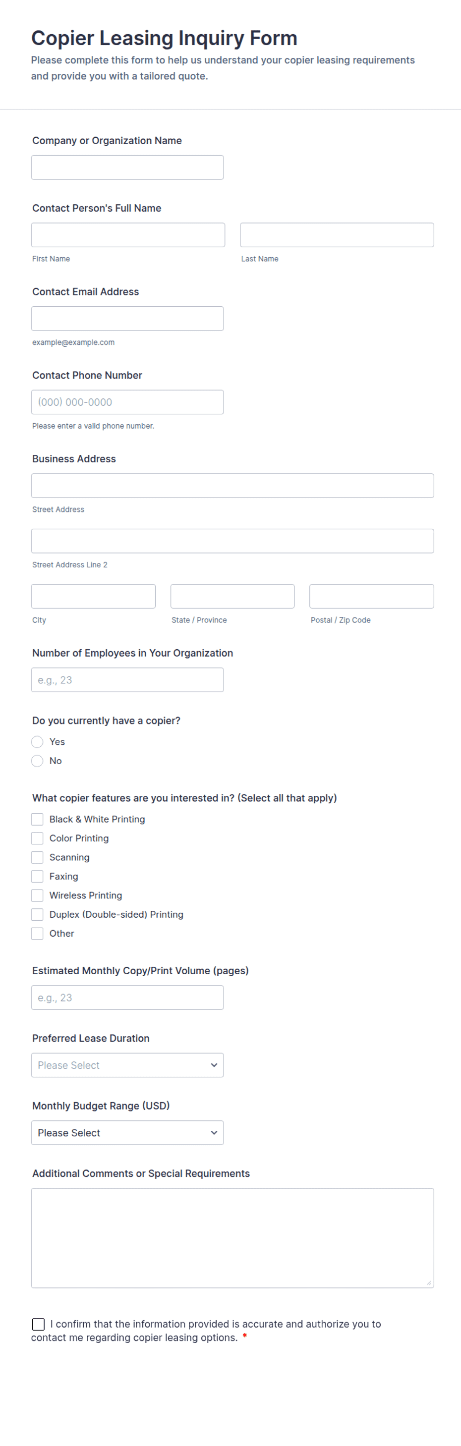 Copier Leasing Inquiry Form Template | Jotform