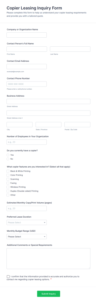 Copier Leasing Inquiry Form Template
