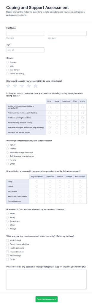 Coping And Support Assessment Form Template