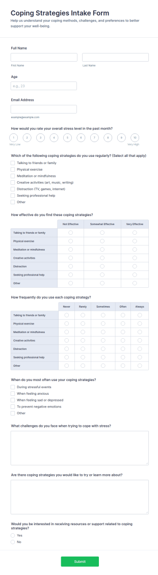 Coping Strategies Intake Form Template