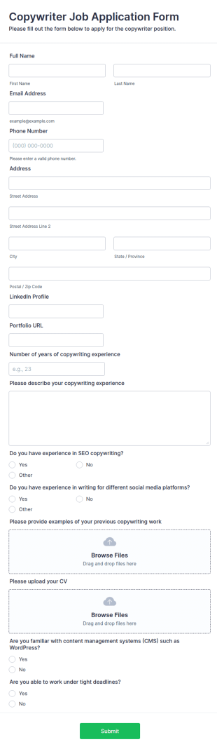 Copywriter Job Application Form Template