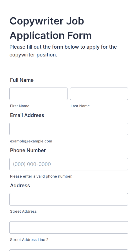 Copywriter Job Application Form Template