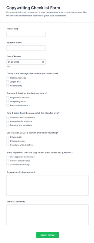 Copywriting Checklist Form Template