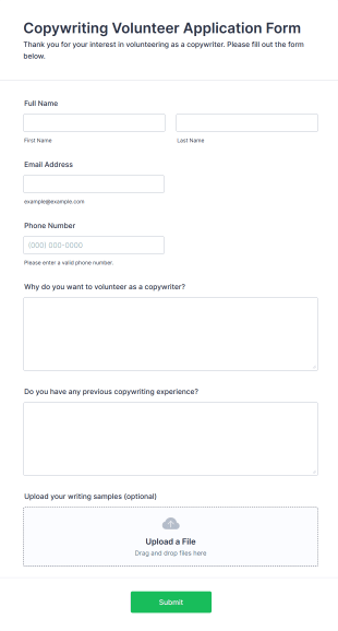 Copywriting Volunteer Application Form Form Template