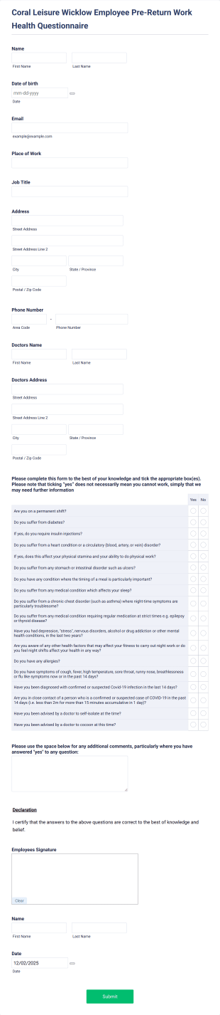 Employee Pre Return Work Health Questionnaire Form Template