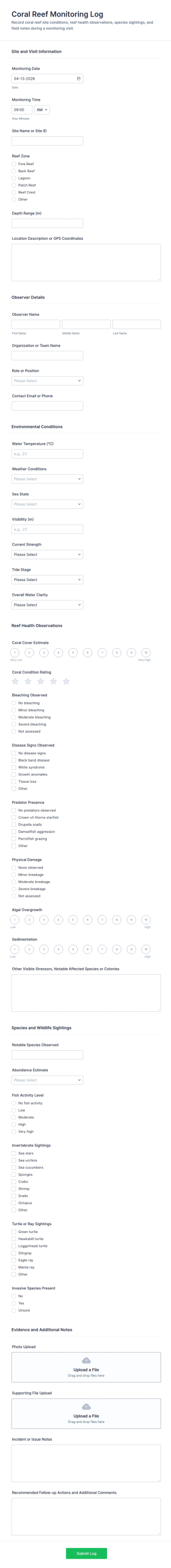 Coral Reef Monitoring Log Form Template