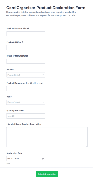 Cord Organizer Product Declaration Form Template
