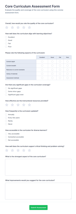 Core Curriculum Assessment Form Template