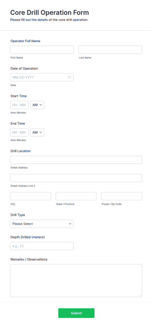 Core Drill Operation Form Template