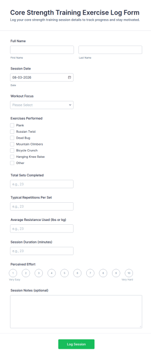 Core Strength Training Exercise Log Form Template